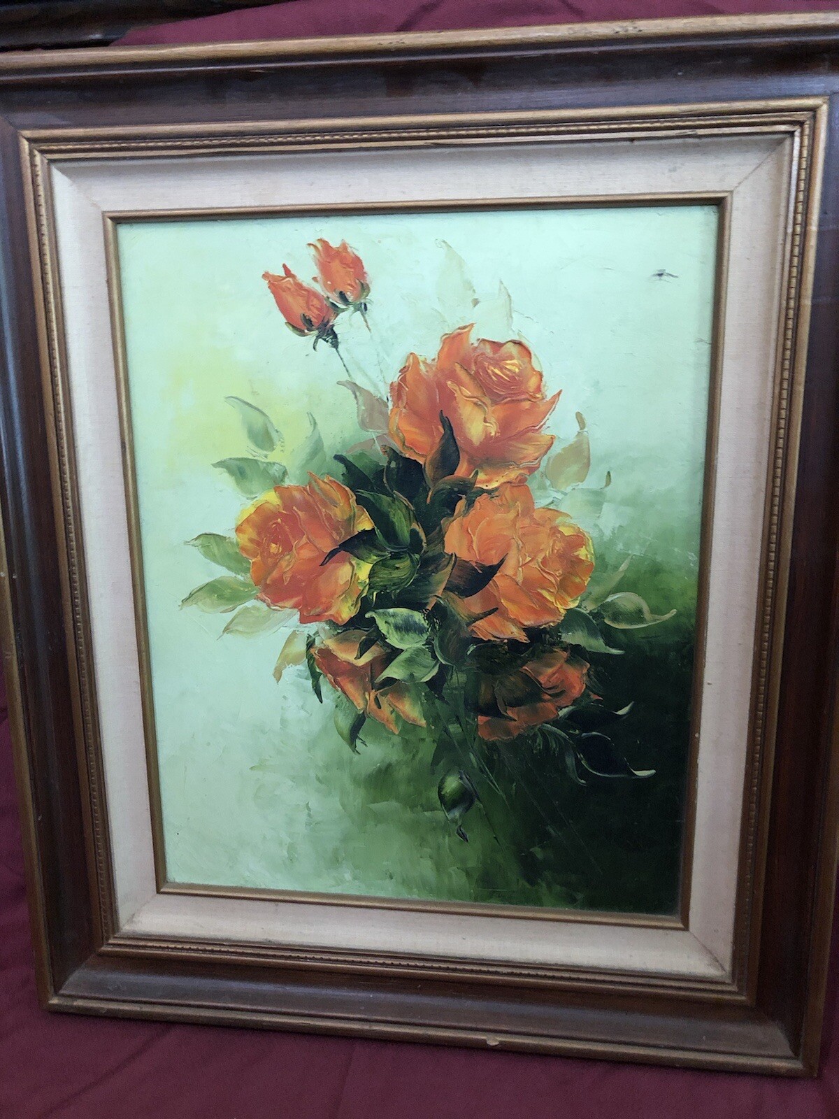 Vintage Oil Painting Still Life Orange Flowers Roses In Wood Frame 27×24” Read