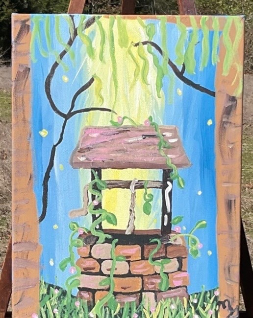 Original WISHING WELL Garden Painting Landscape Signed Folk Art Storybook Charm