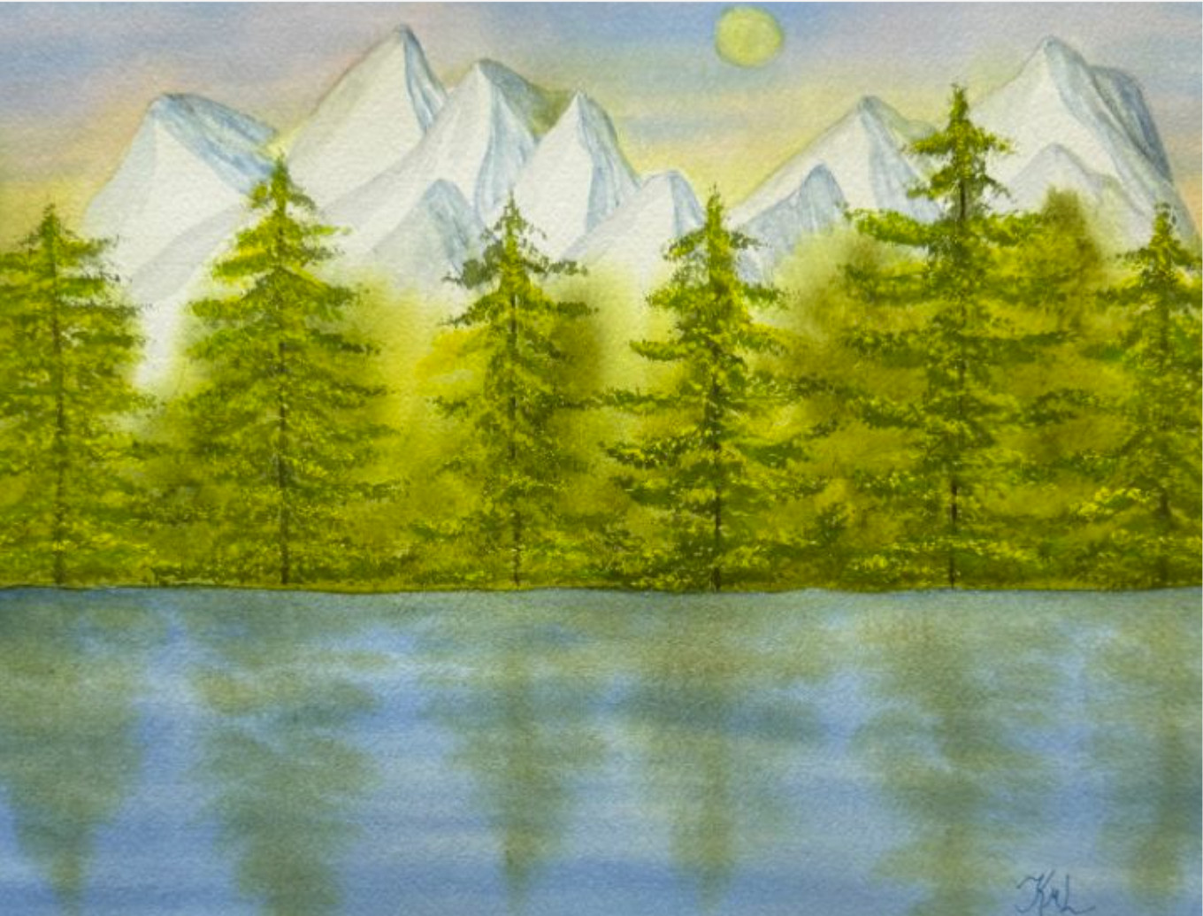 PAINTING WATERCOLOR SUNRISE MOUNTAIN LAKE TREES LANDSCAPE 11X14 DOUBLE MAT 16X20
