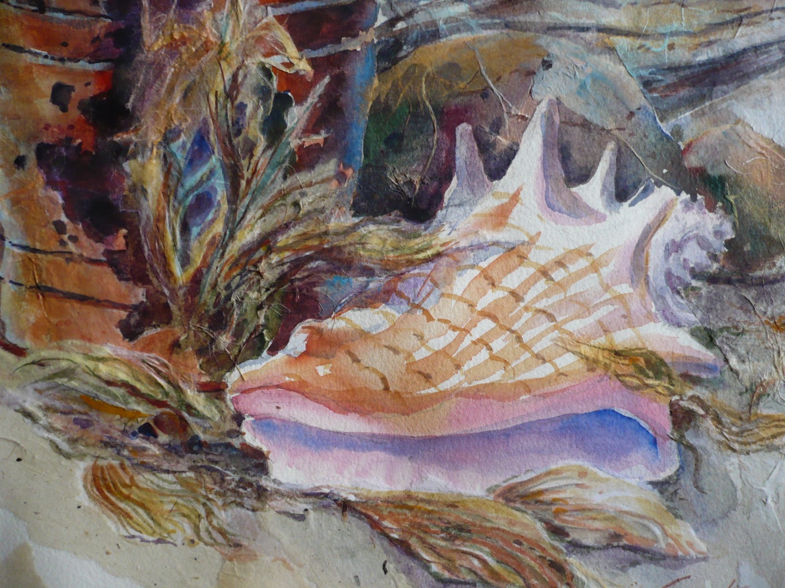 SIGNED TROUT, VINTAGE IMPRESSIONIST WATERCOLOR SHELL AND BUCKET TROPICAL BEACH