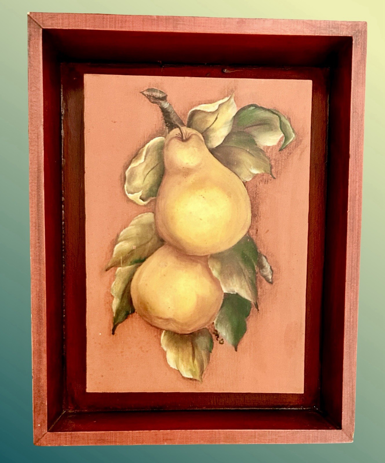 Vtg Hand Painted ‘Pears’ in Rich Wood Shadow Box Hand Signed by Artist M. Dajsko