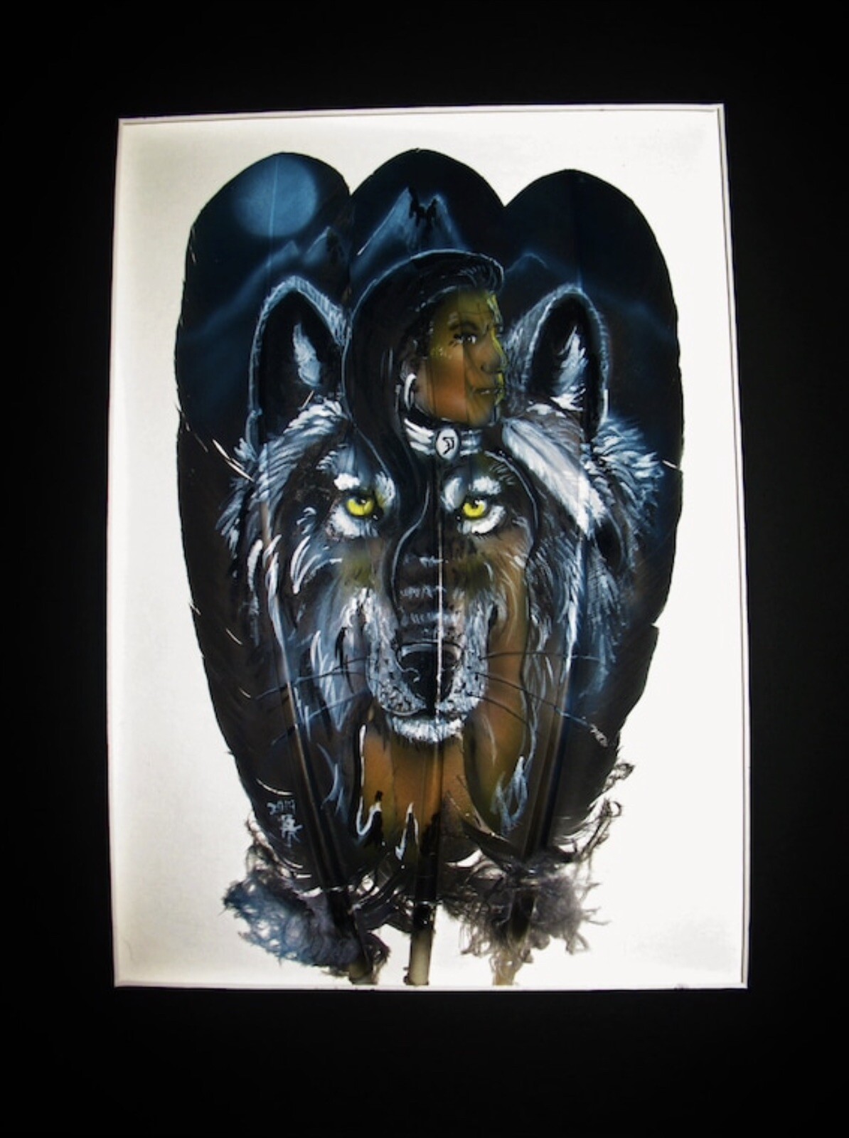 Moonlit Native American Indian Warrior & Spirit Wolf – Painted Three Feather