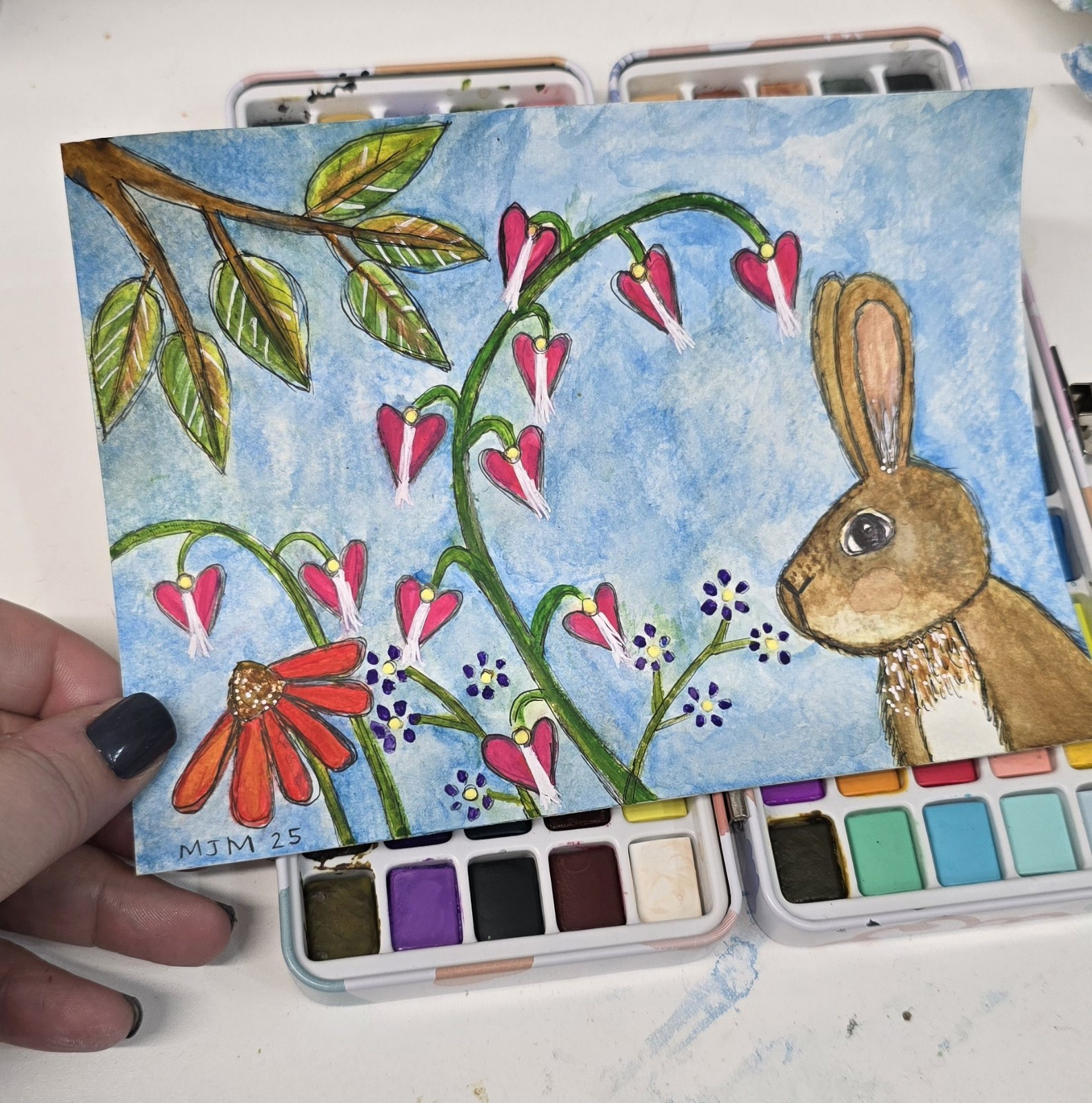 Original 5 X 7 Watercolor Painting Rabbit And Flowers Bleeding Heart Zinnias