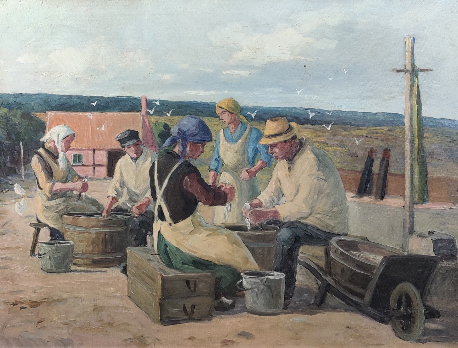Axel Hansen (1896-1936): CLEANING FISH, original oil painting