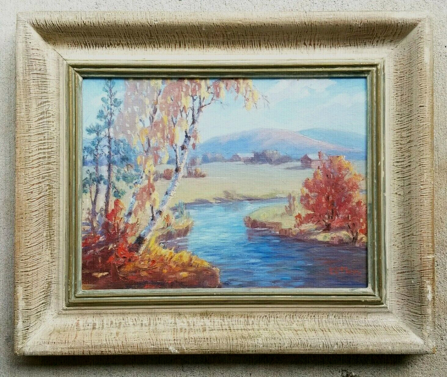 Antique Original Oil on Board Painting Landscape River Bucolic Rural Countryside