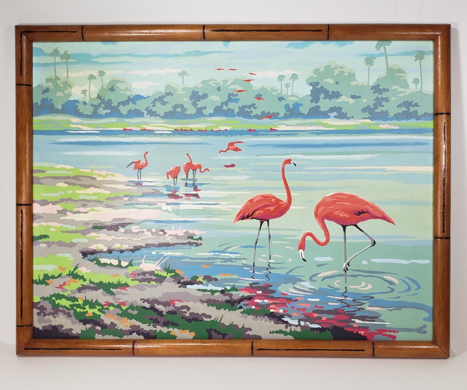 Vintage MCM Paint By Numbers FLAMINGO BAY Painting 24×18 Craftint Framed 1950s