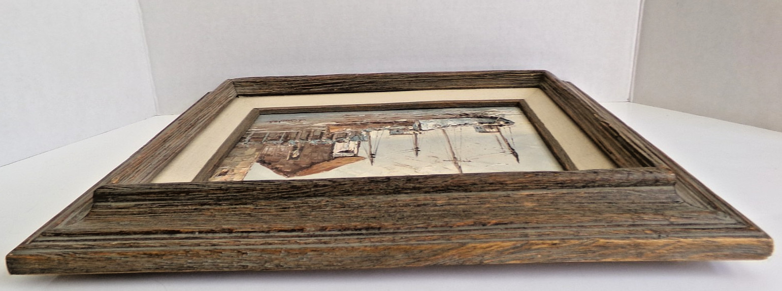 Vintage W. Jones Harbor Scene Fishing Boats Framed Oil Painting 15” X 13”