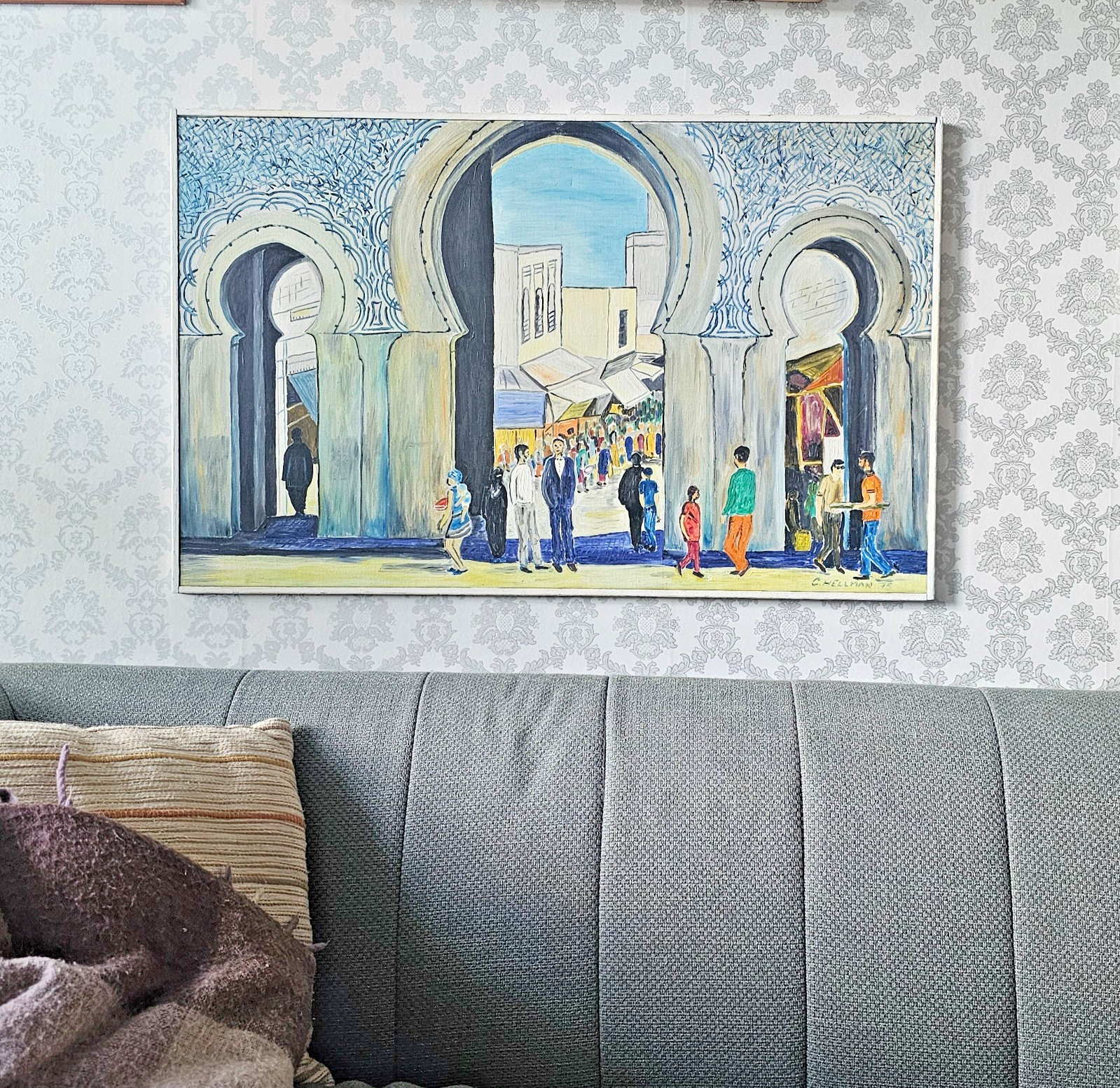 ORIGINAL VINTAGE OIL PAINTING MOROCCAN GATE BAB BOU JELOUD SWEDISH ARTIST 1975.
