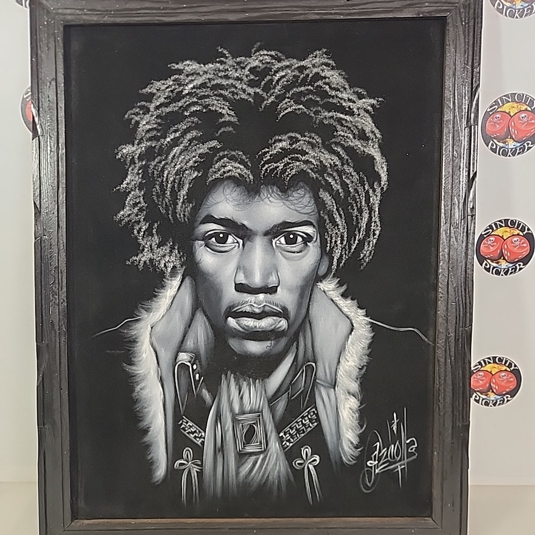 Vtng Jimmy Hendrix Music legend black velvet oil painting signed 20.5″X26.5″