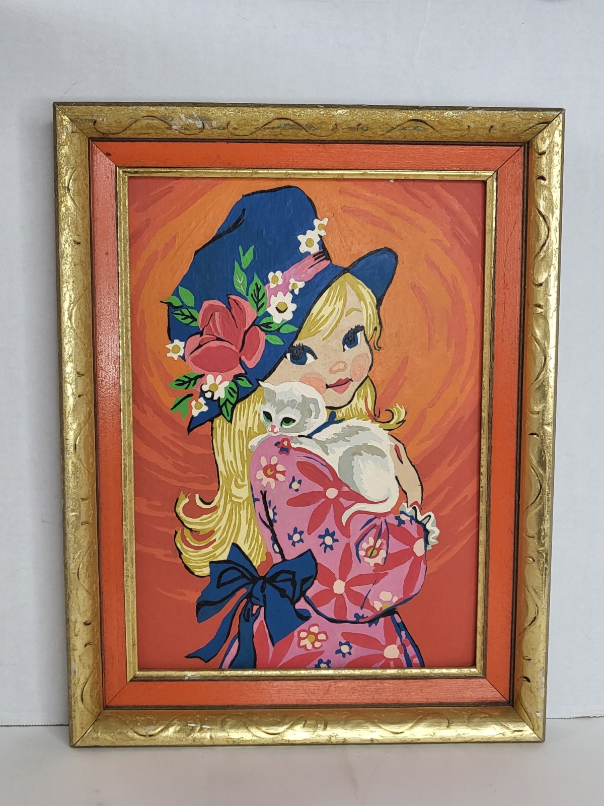 Vintage Paint By Number Framed Artwork Big Eyed Girl Blonde Hair Cat 1960s-70s