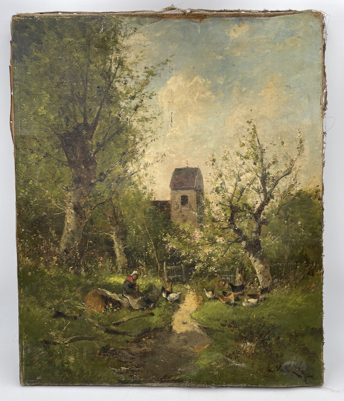 19th Étienne VALLÉE (1853-1881) Signed Spring on the Farm Barbizon Oil on Canvas