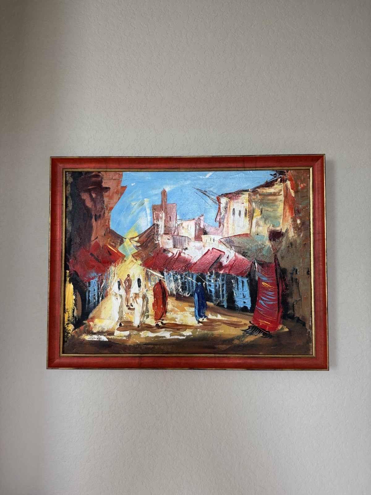 Moroccan Village Market Acrylic Framed Painting 16 In. By 21 In.