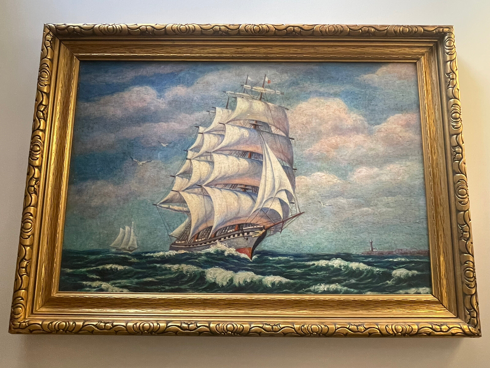 Antique Nautical Painting Seascape American Lighthouse Landscape Coastal Ship