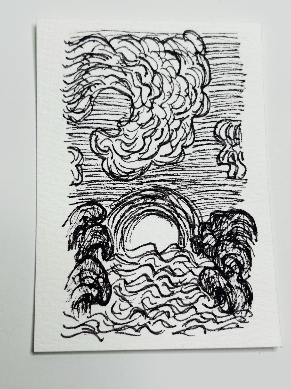 ACEO Original Pen And Ink Nature Sketch Sun Ocean Waves Impressionism Art