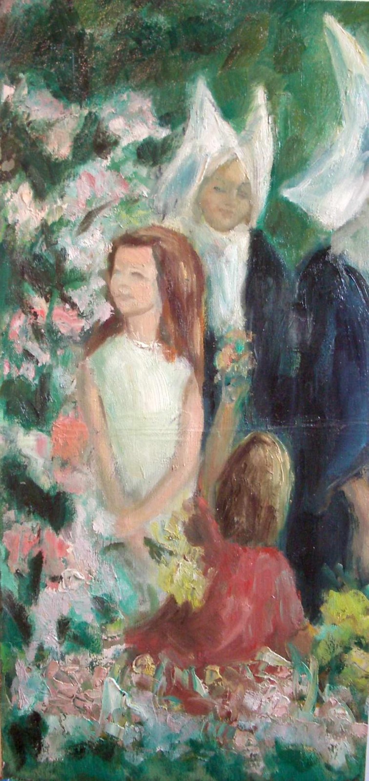 Children in the Flower Garden with Nuns, Original Oil Painting, Catholic