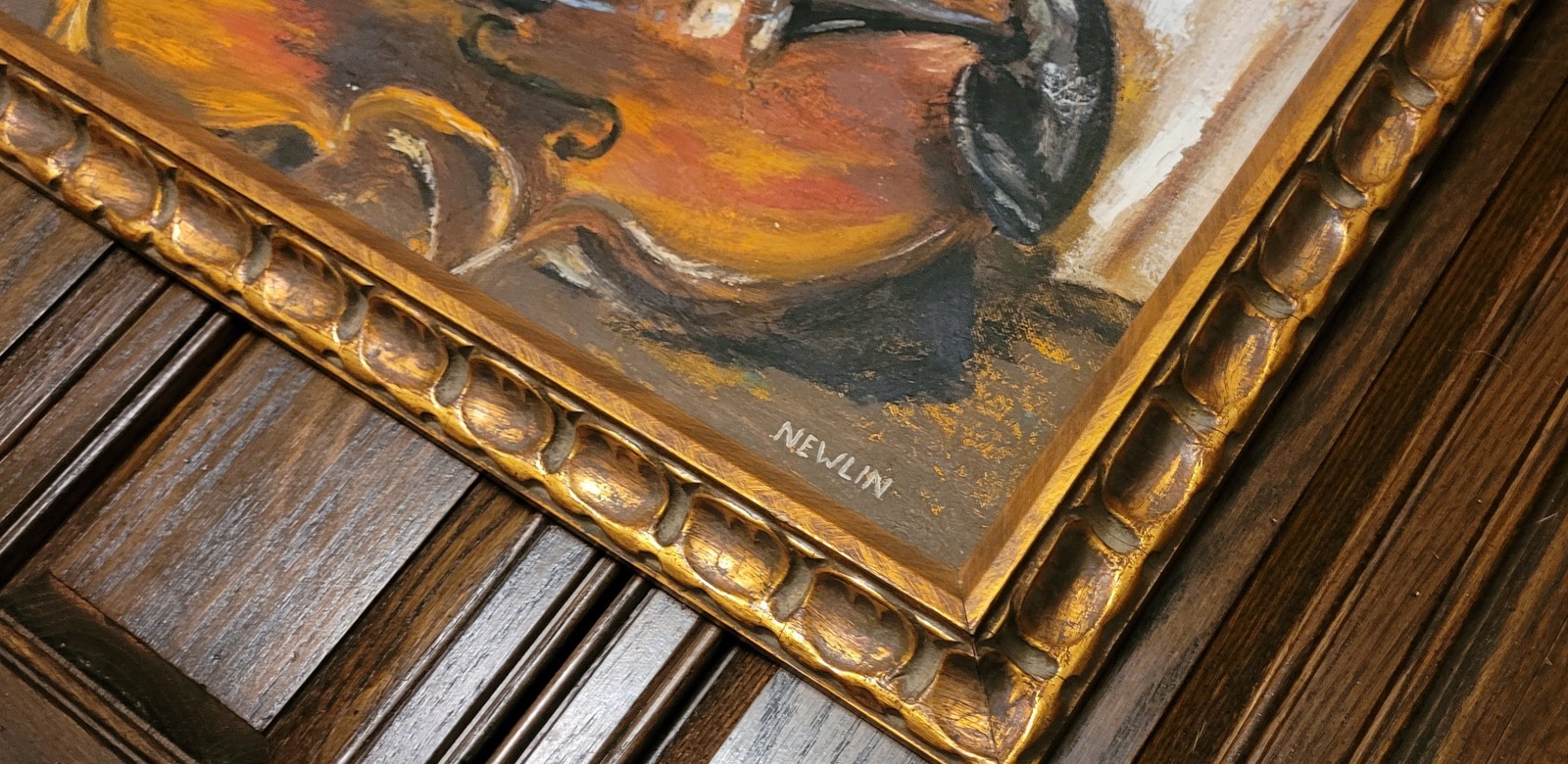 Original Signed Painting Violin Resting on Books, Scalloped Gilt Frame, Newlin
