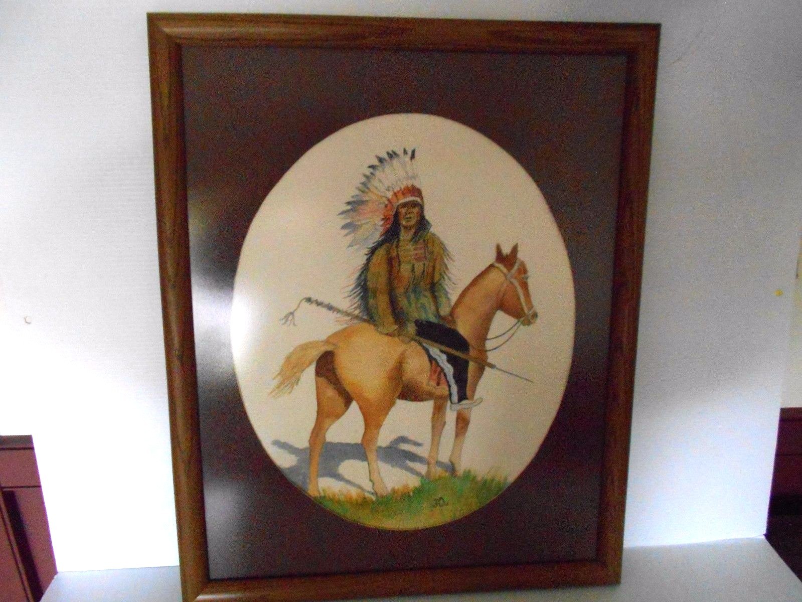 FRAMED 21 1/2″ X 17 1/2″ INDIAN ON HORSE WATERCOLOR BY JOHN MOLDSTAD
