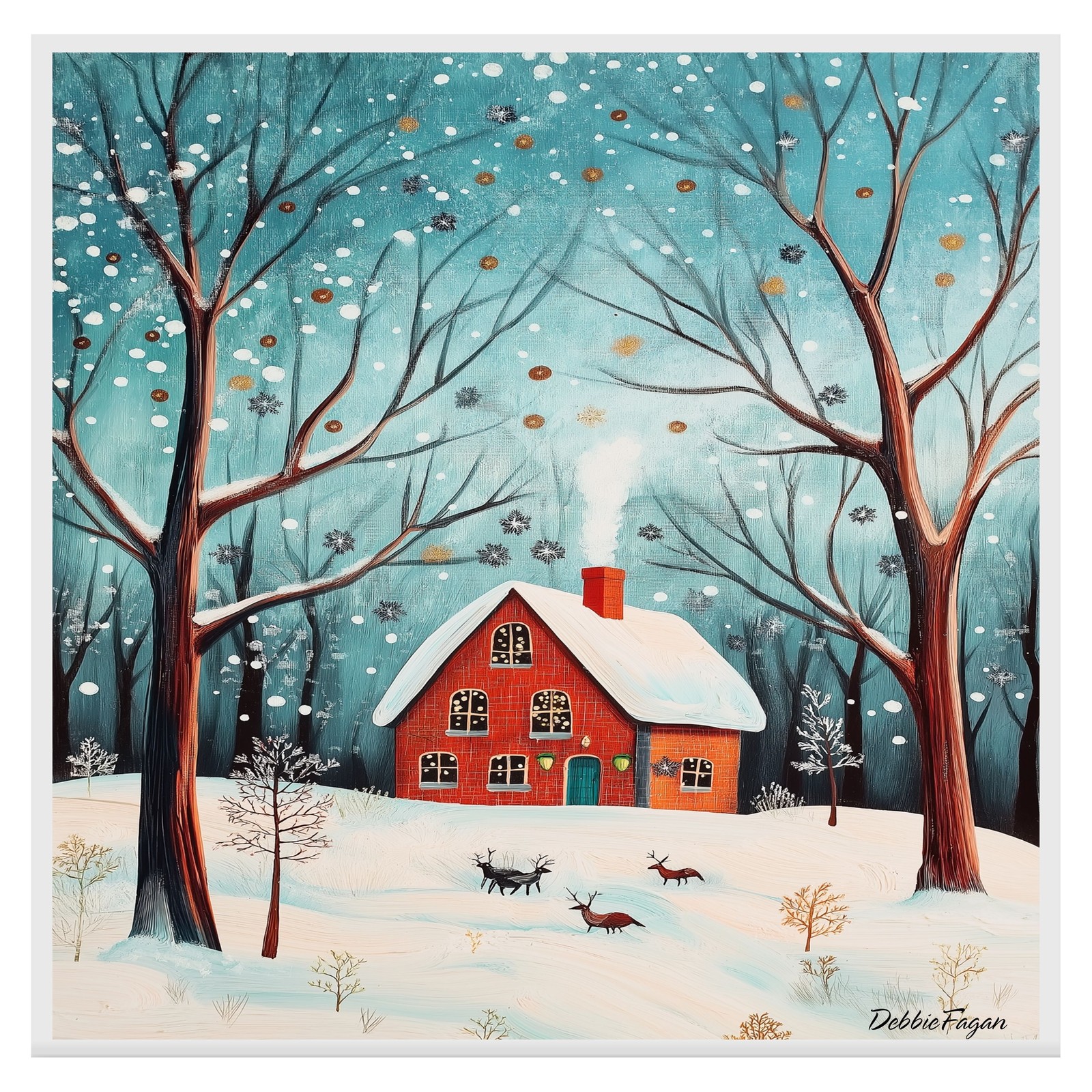 Christmas Red Brick House, Reindeer Flat Rolled, Framed or Wrapped Canvas