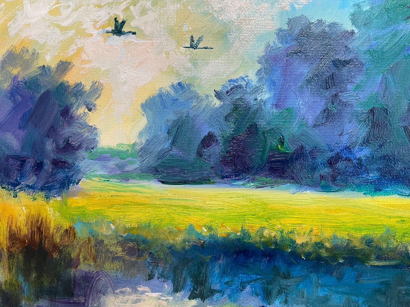 SUNLIT POND WITH FISHERMAN – Original Oil Painting 12×16 Canvas Panel by Andrew