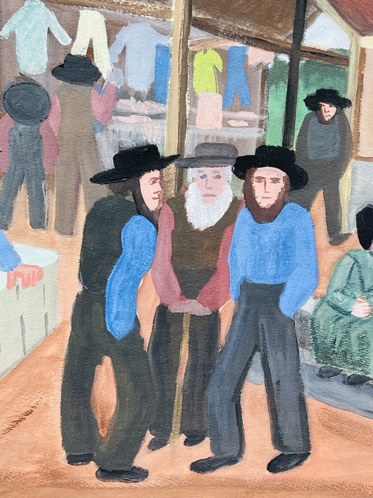 New York. Maine. Modernist Artist Jo Levy Painting. Amish Market Scene Signed JL