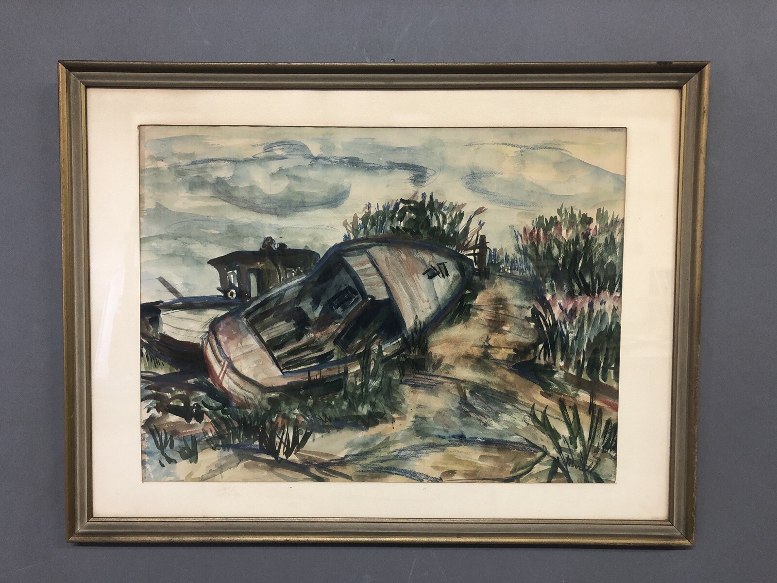 Signed Mirell Colorful Watercolor Of 2 Boats On A Beach 21 1/2” X 28 1/2”