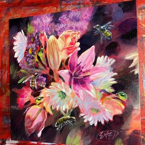 Original bee Painting Floral Bouquet honeybees Lily Rose still life surrealism