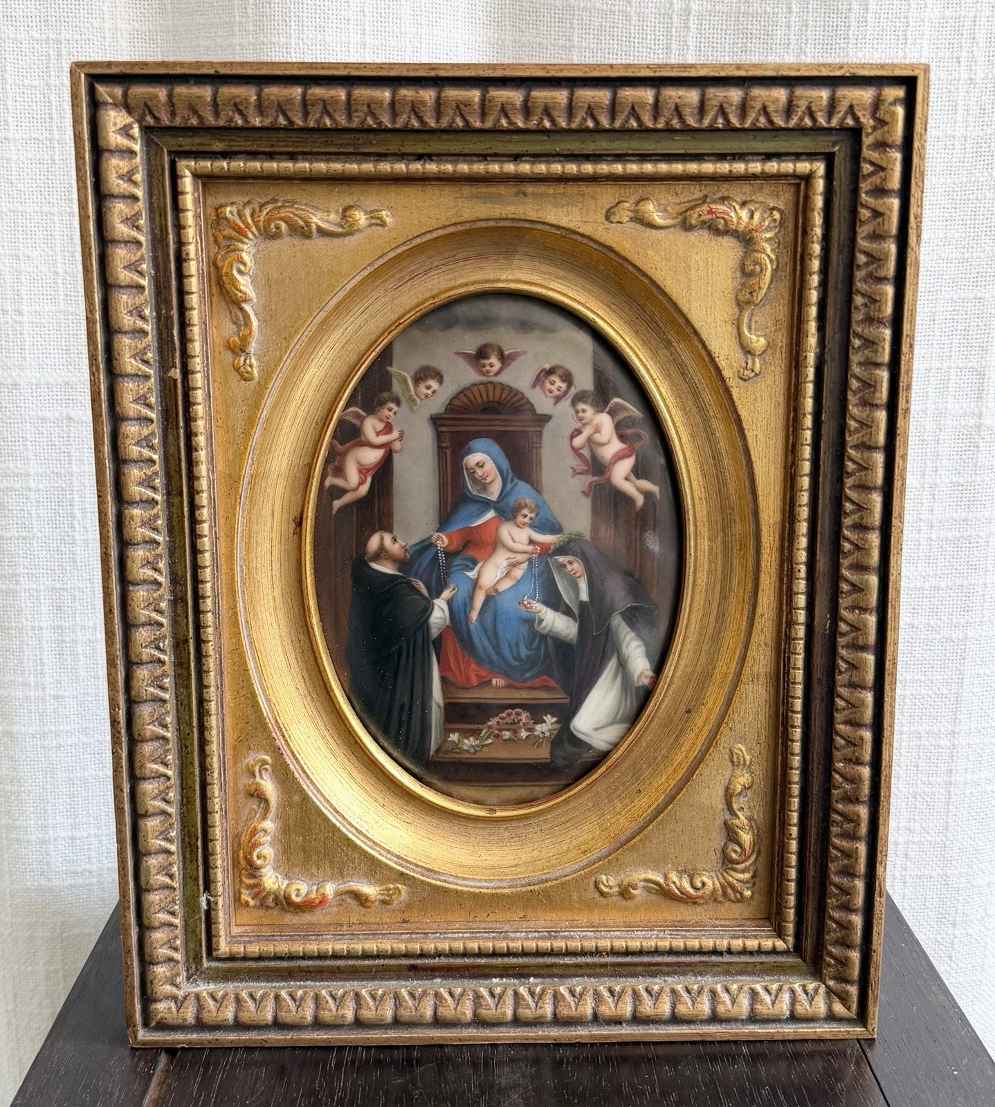 Antique 1800s Sassoferrato Hand Painted Porcelain Plaque Madonna Of the Rosary
