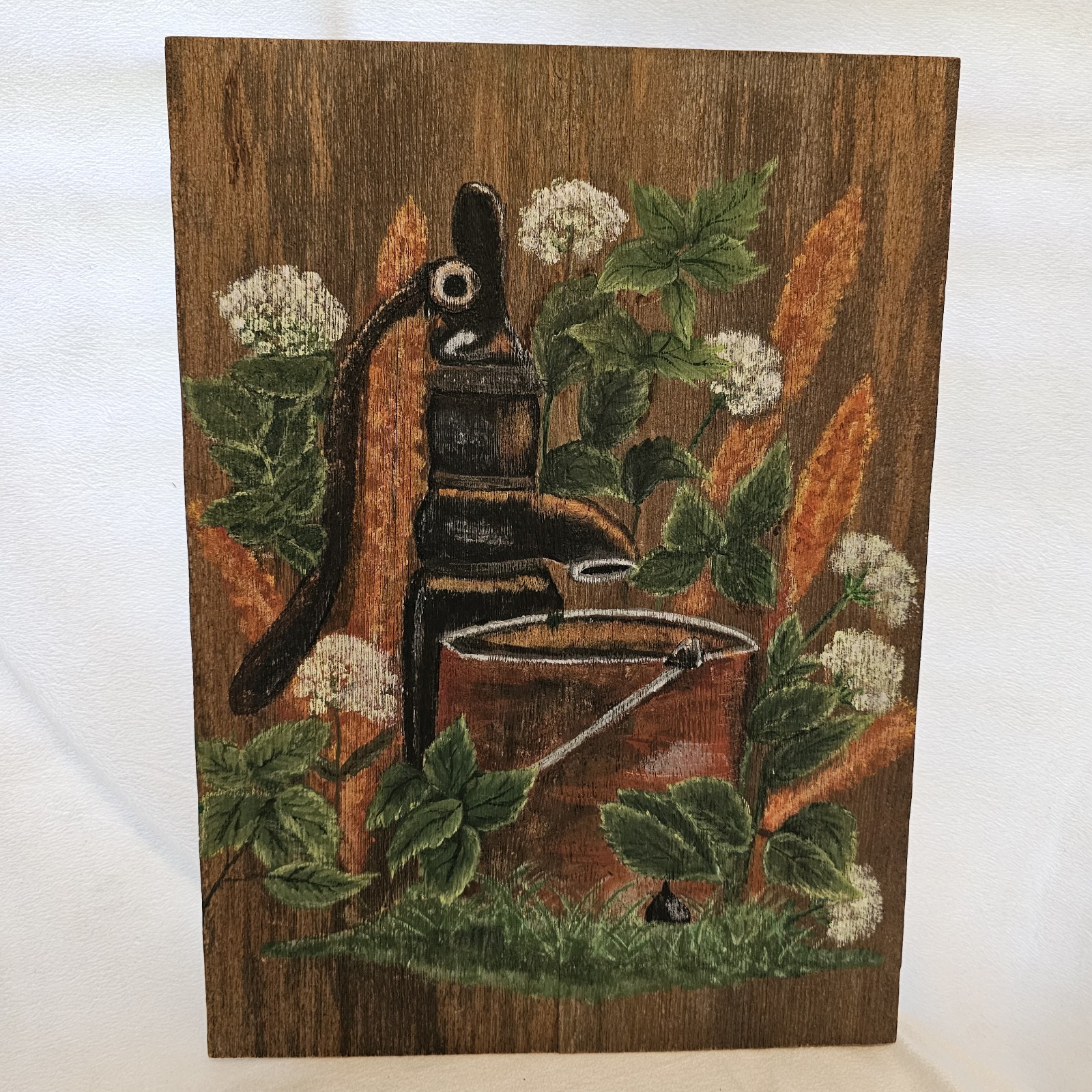 Water Pump Bucket Flowers Painted On Wood 16×11.5×0.50 Inches.