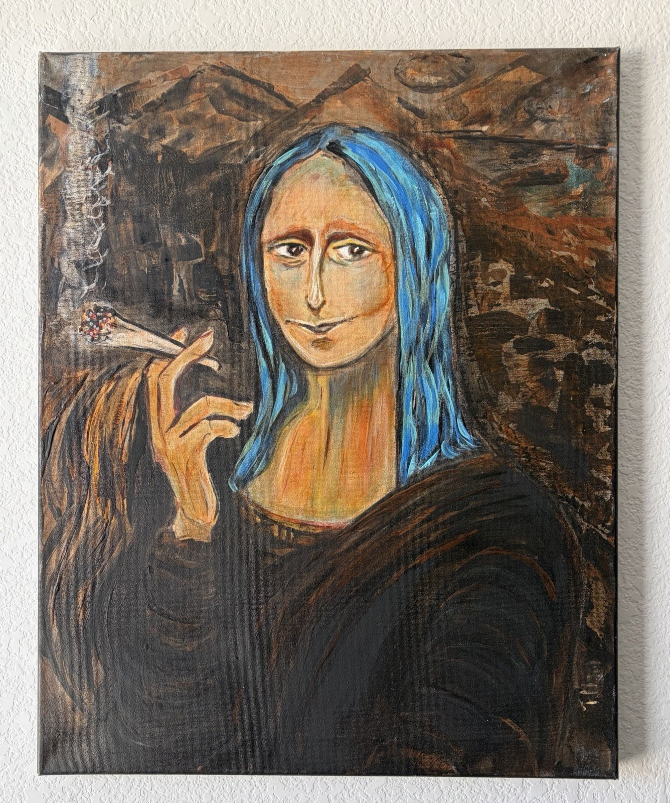 One of a Kind Canvas Painting Original Art Mona Lisa w/ Blue Hair having a smoke