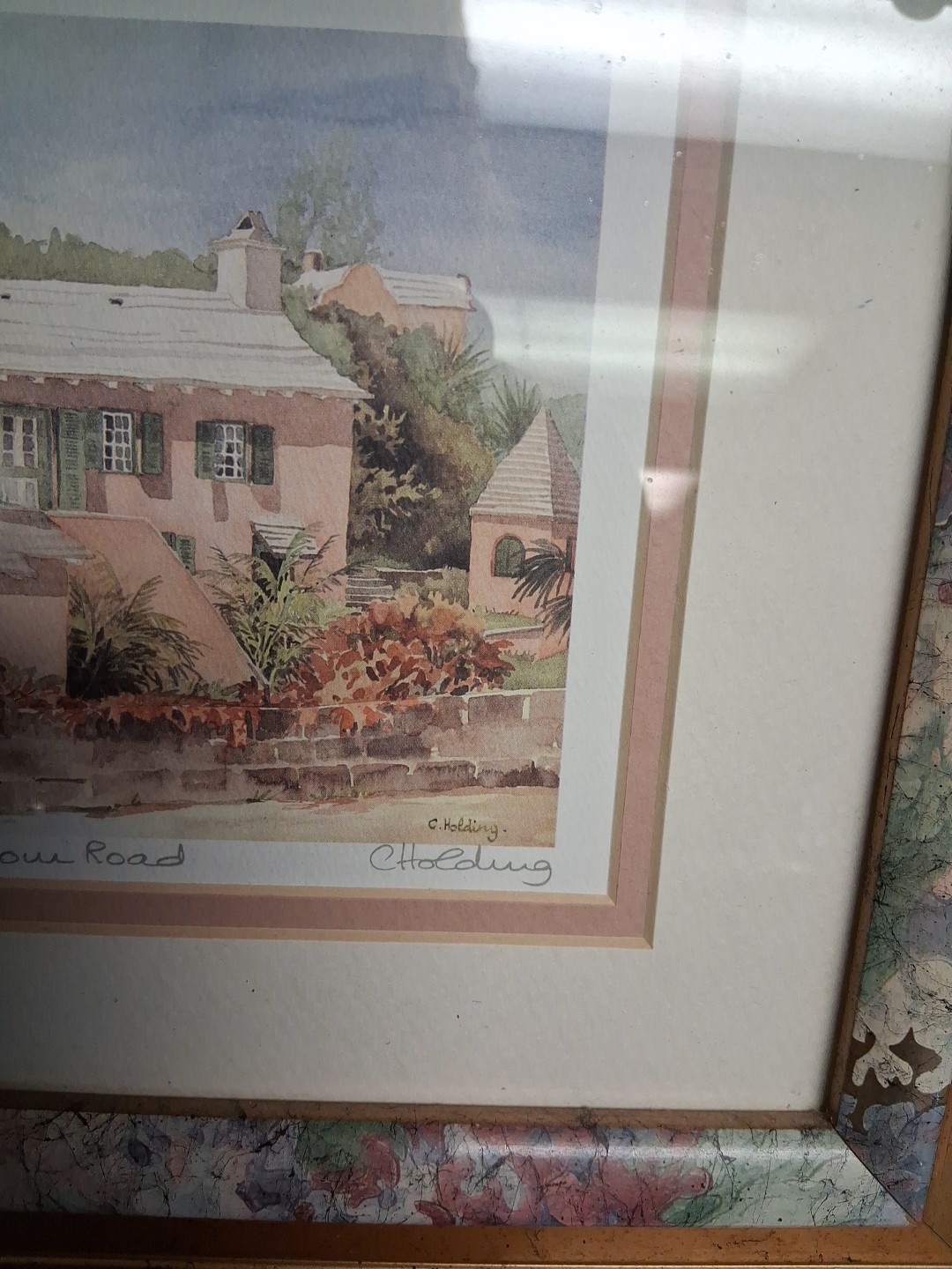 Framed C. Holding Signed BERMUDA COTTAGE HARBOUR ROAD Watercolor Print Art