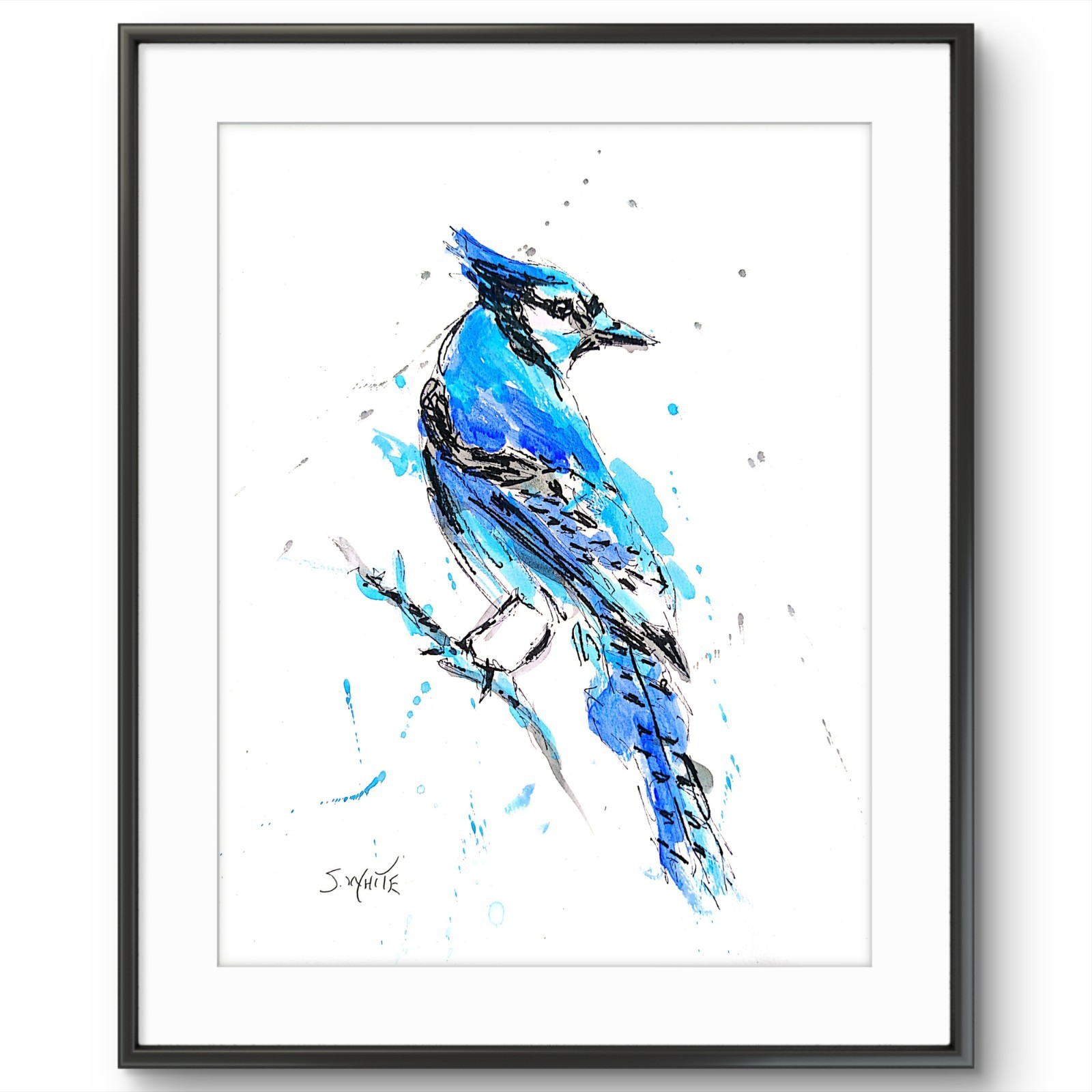 Blue Jay Original Painting 11×14 Paper Abstract Wildlife Bird Fine Art SWhite