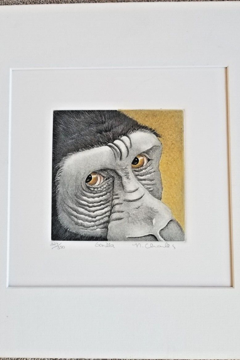 3 Signed Numbered Nancy Charles Colored Etchings (Gorilla, Elephant, Giraffe)