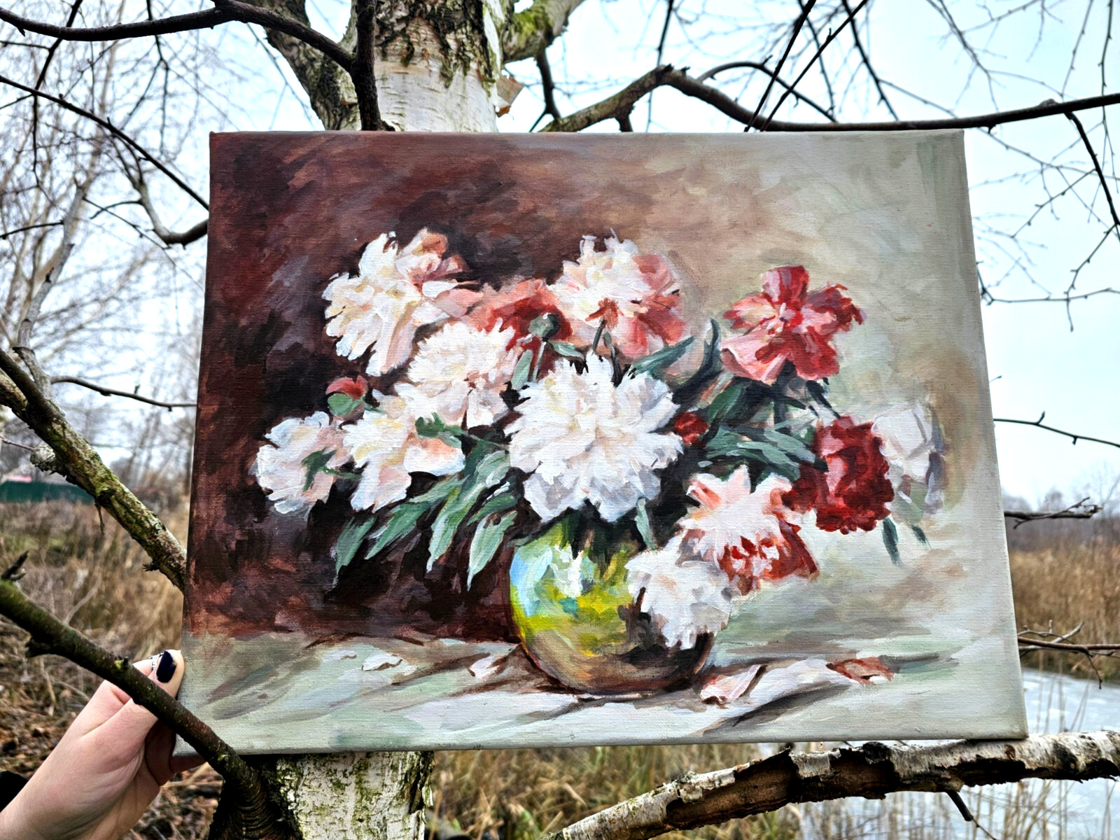 Original Acrylic Painting Peonies Flowers Still Life on Canvas 40×30 cm Provence