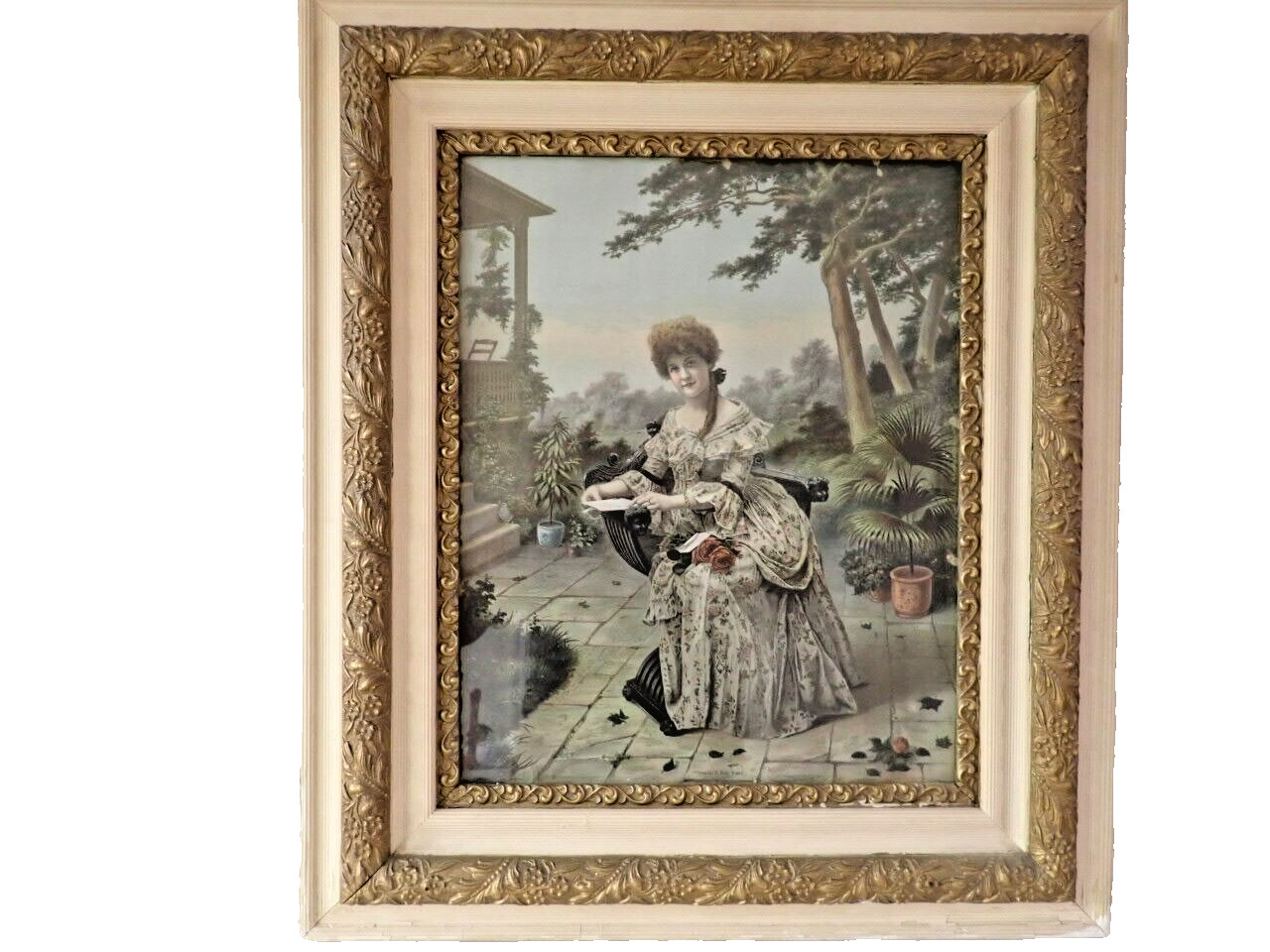 Vintage Framed 17″ X 21″ Print – Victorian Lady «SHALL I SAY YES ? «