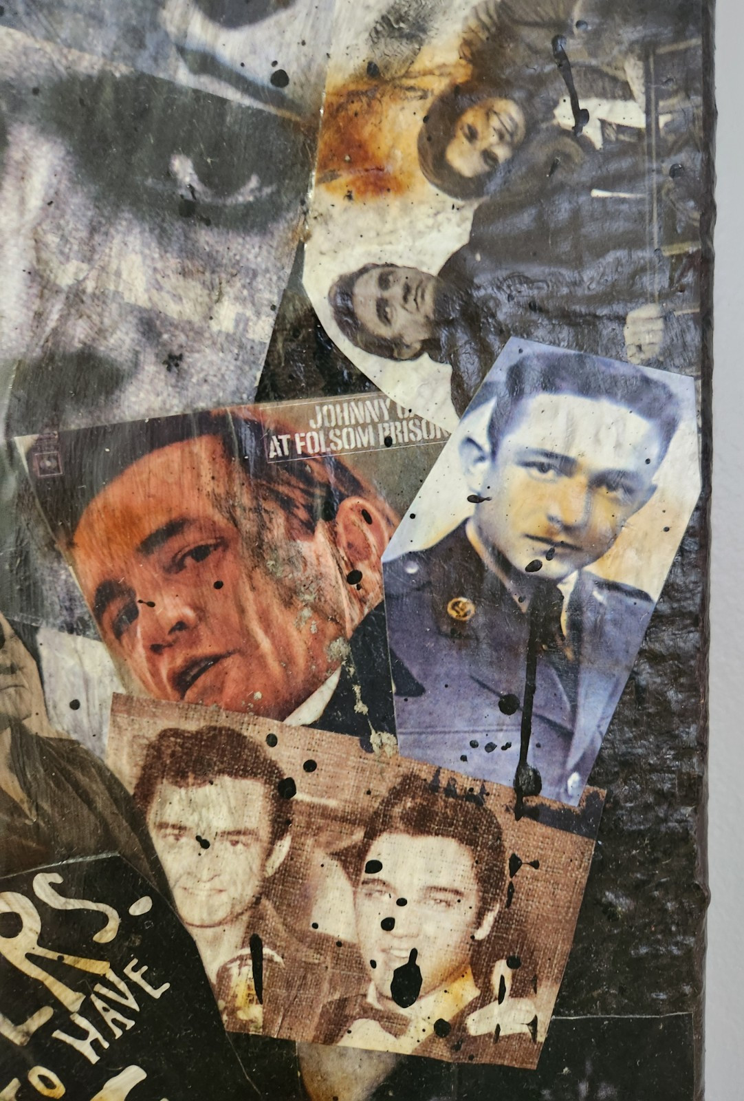 Large Johnny Cash Acrylic Canvas Collage Art. Heavily Textured & Burned! 16X20