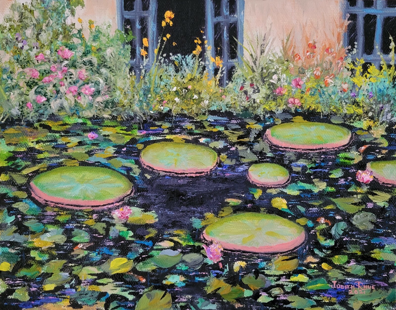 original oil painting landscape lily pads garden flowers koi pond canvas signed