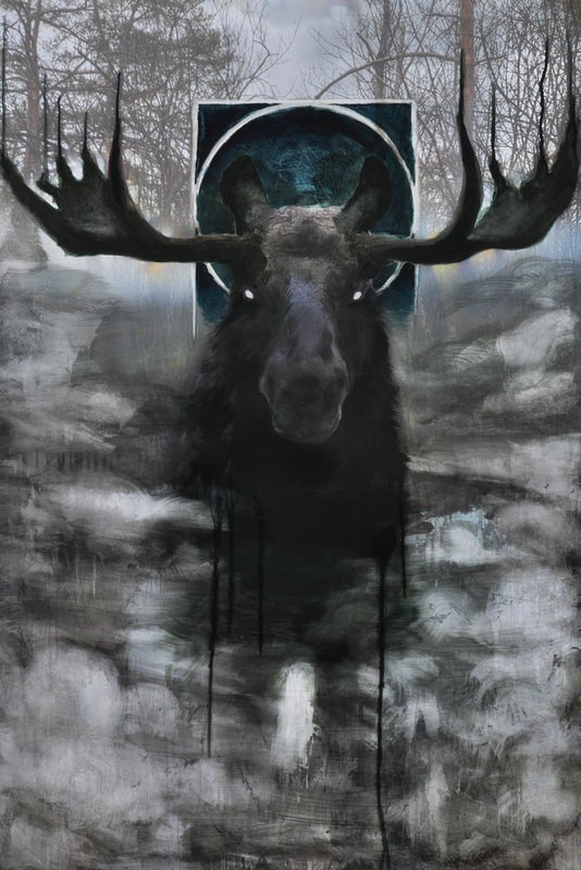 Original Powerful Moose Oil Painting wildlife, dark and moody