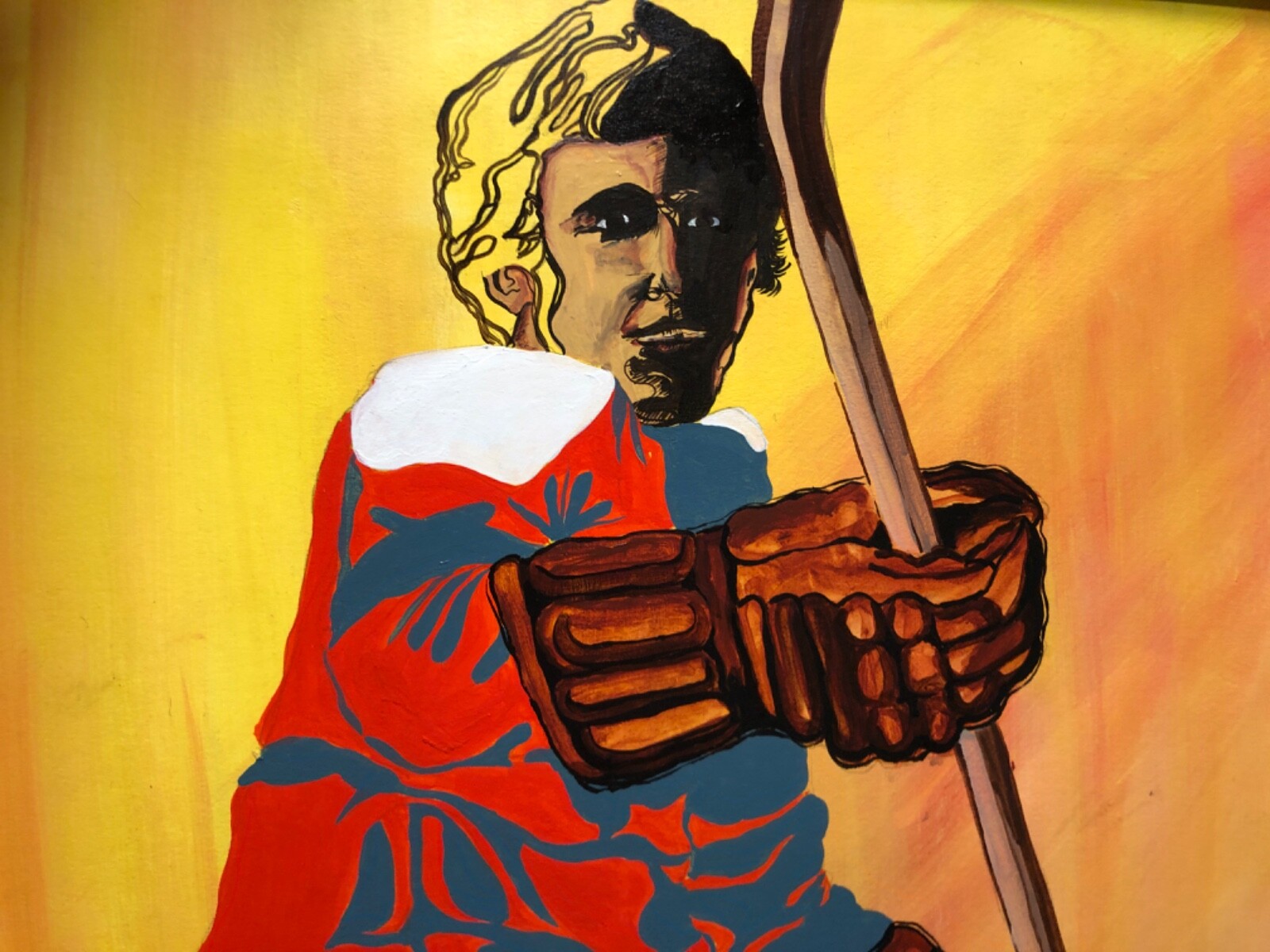 MCM POP ART PAINTING HOCKEY PLAYER WISCONSIN SIGNED 1973 WRIGHT WARHOL STYLE