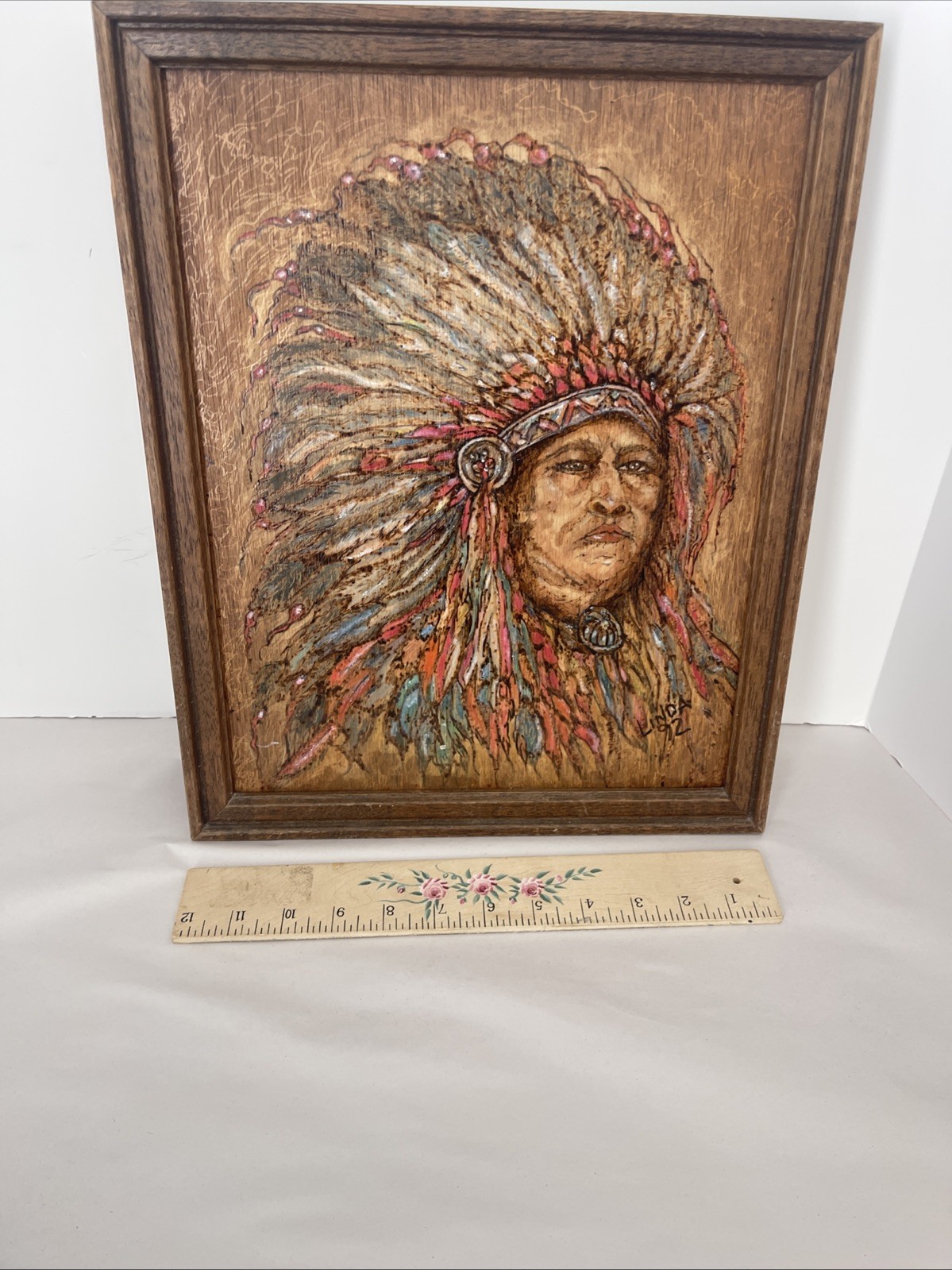 Native Sioux Indian Chief Etched Painting Sitting Bull On Wood 15×12” Vintage