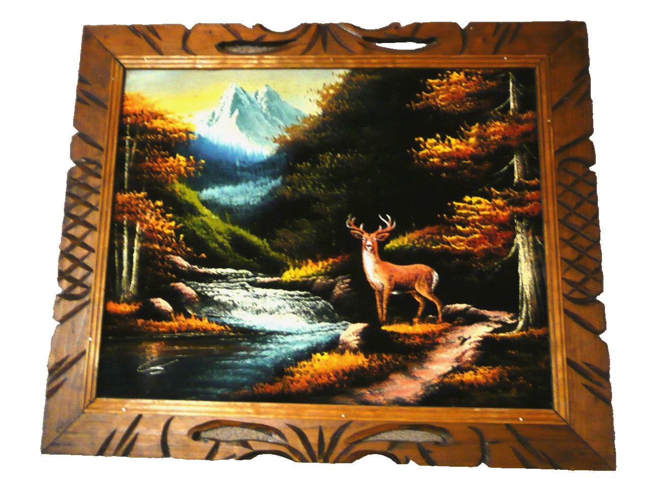 Vtg Mexican 24″x 20.5″ Velvet Painting Carved Wood Frame Nature Deer Mountains