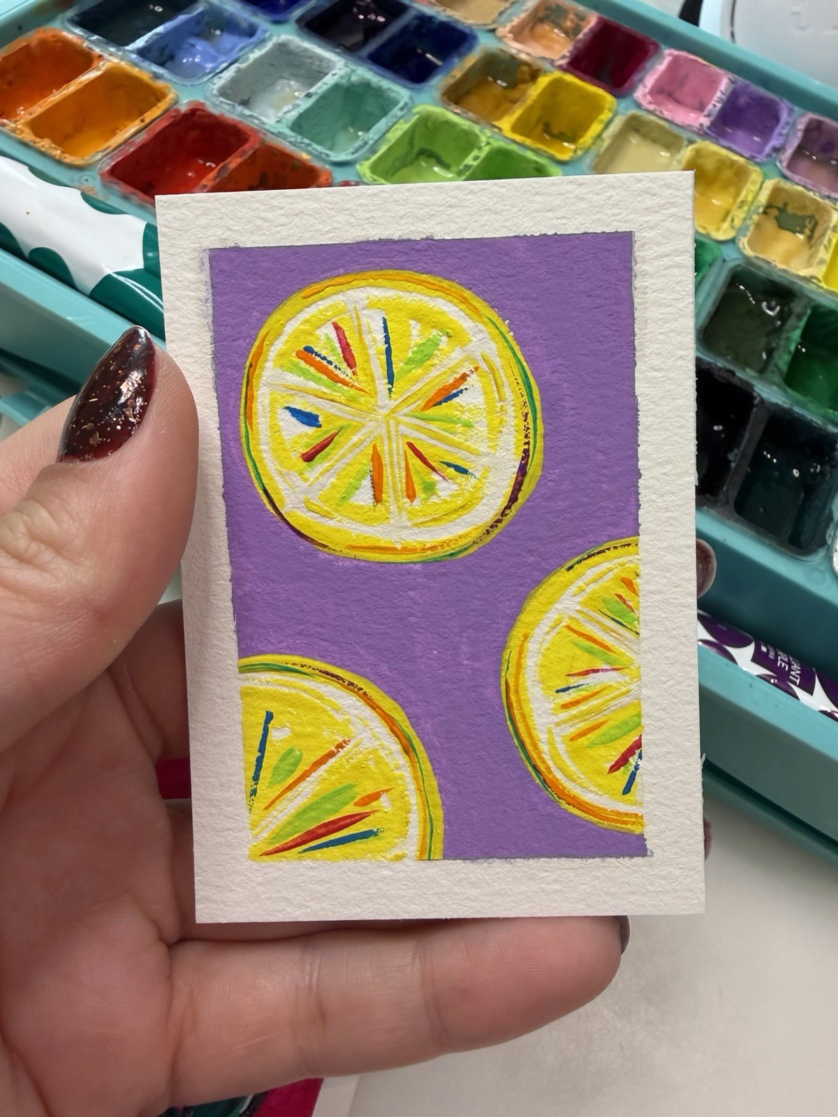 ACEO Original Gouache Painting 2.5×3.5in/ Lemon Colorfull/ Mini Handmade Art