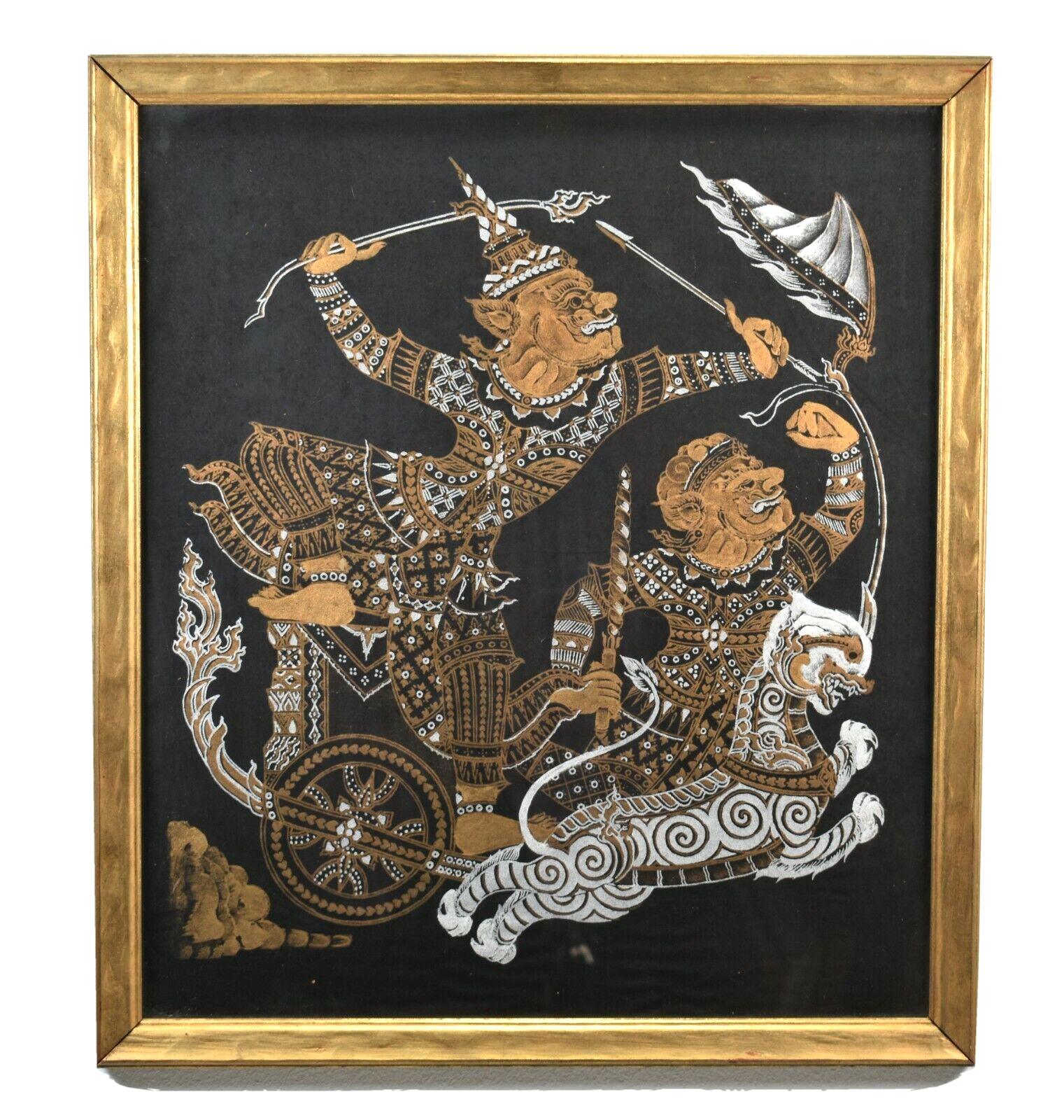 Vintage Thai Painting On Silk In Gold Pigments, Early 20th Century