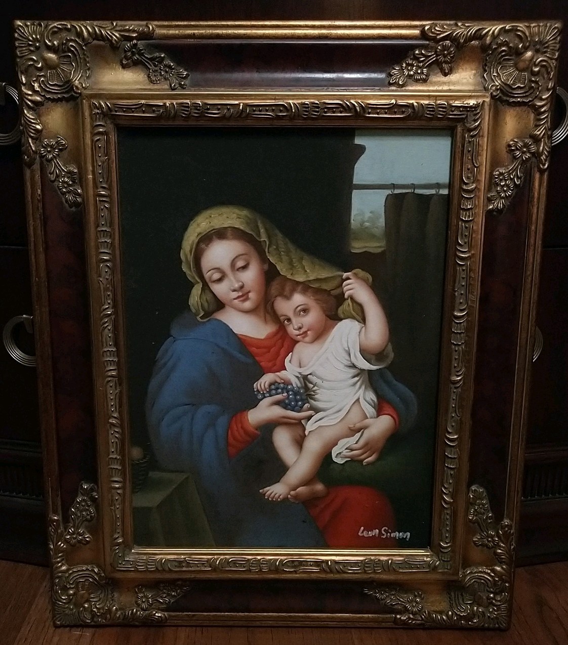 18″x22″ Framed Oil Painting Virgin Mary and Child Jesus Signed by Leon Simon