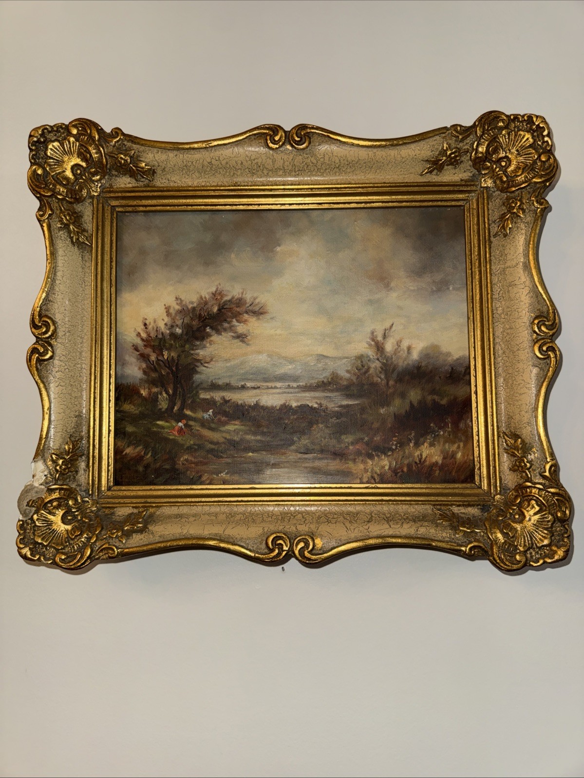 Antique Oil Painting Landscape Scene Gold Framed German Artist Fritz Early 1900s