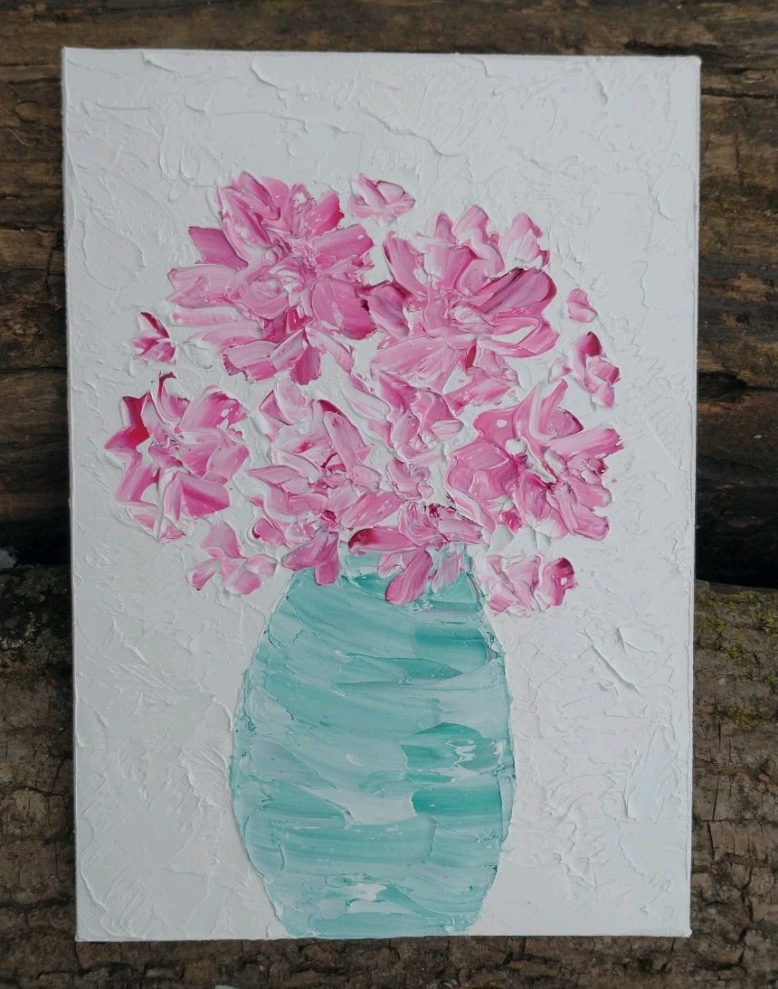 Original 6×8″ Oil Painting Textured Peony Bouquet Floral Shabby Chic Pink Flower
