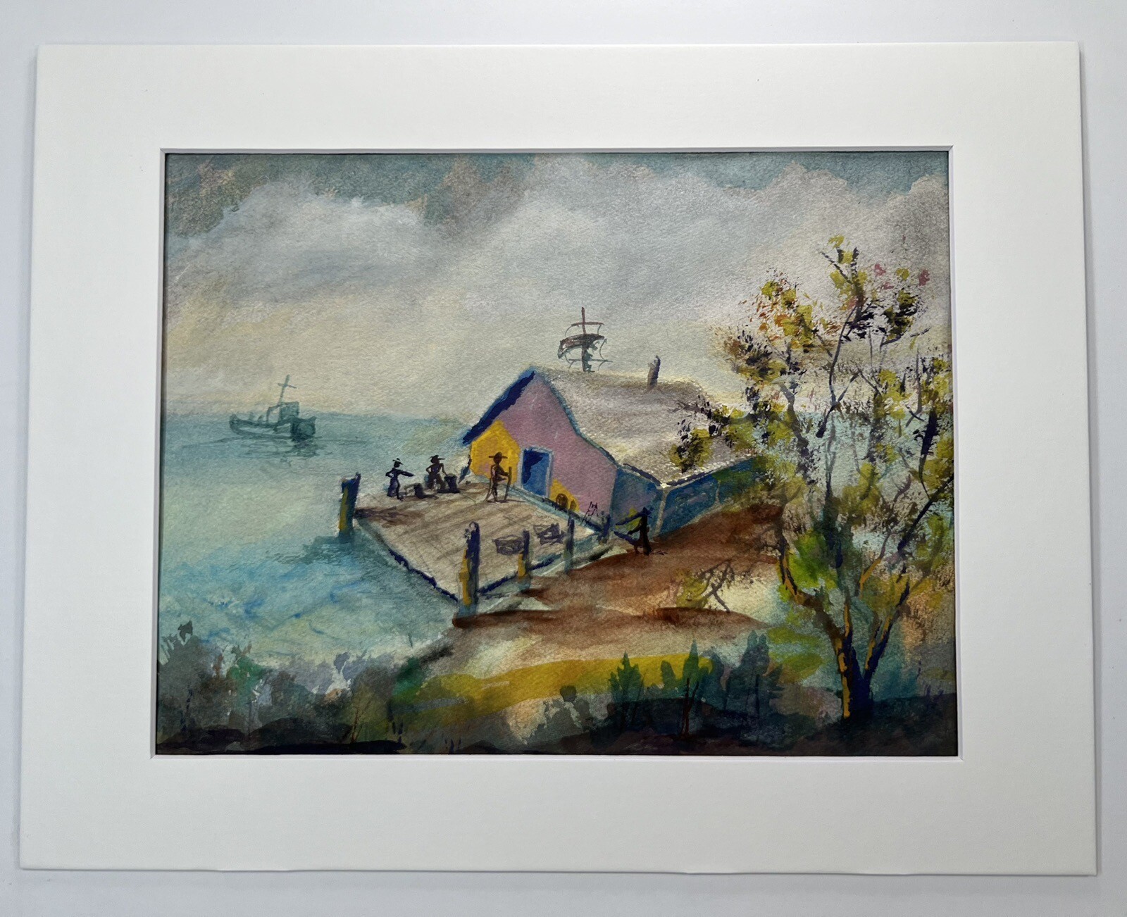 Vtg Watercolor Painting Ships In Harbor Folk Art Dock Scene 11×14” Post War Art