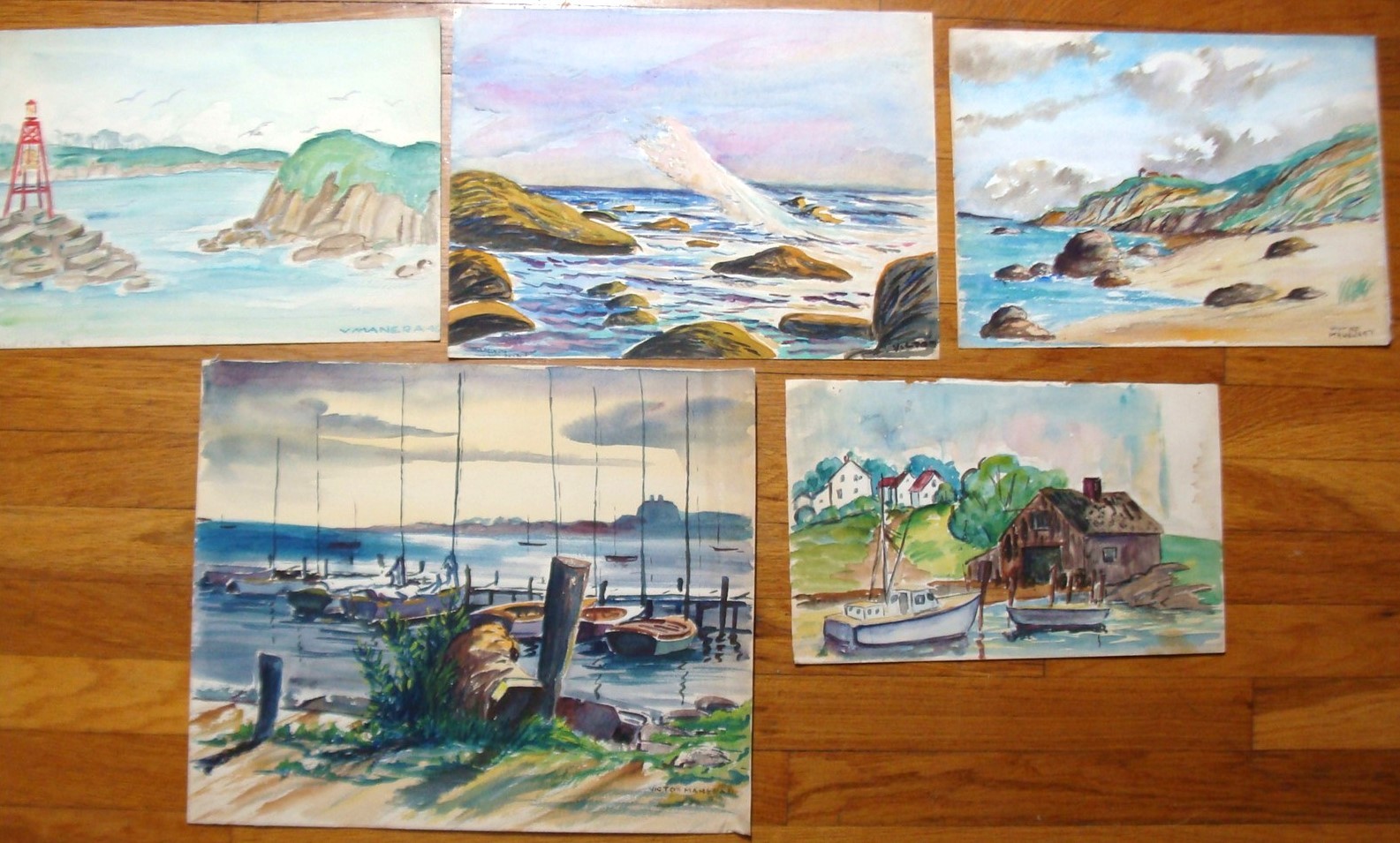 5 Antique 1950’s Victor Manera Seascape W/C Paintings #2