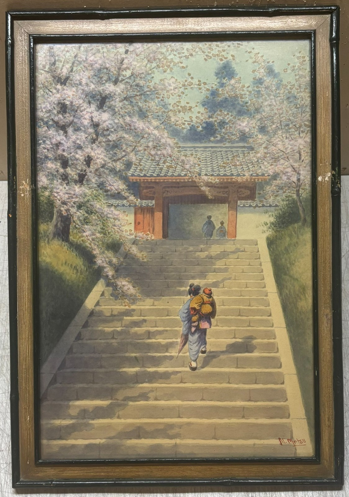 Vintage M MATSU ‘Stairs at Temple Gate’ Geisha NIKKO JAPAN Watercolor PAINTING