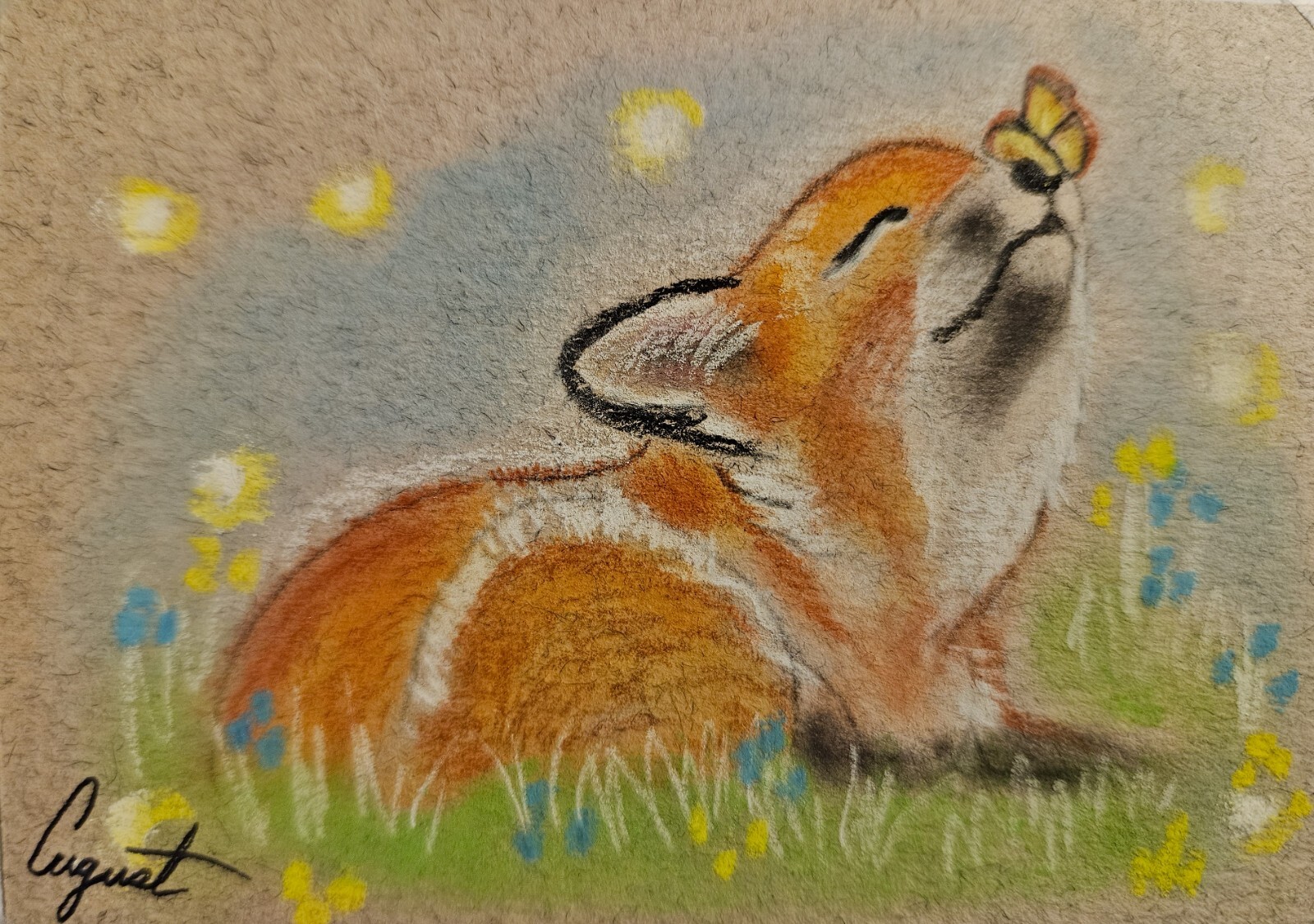 ACEO Baby Fox Kit Butterfly Wildlife Pastel Painting Original Artwork