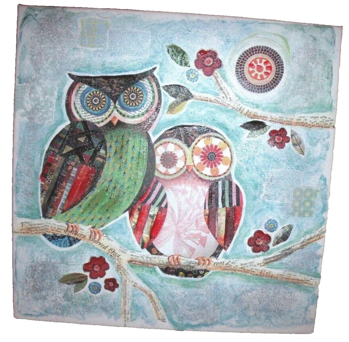 NEW Retro Lori Siebert Abstract OWLS PAINTING 16″ Square CANVAS AQUA BLUE